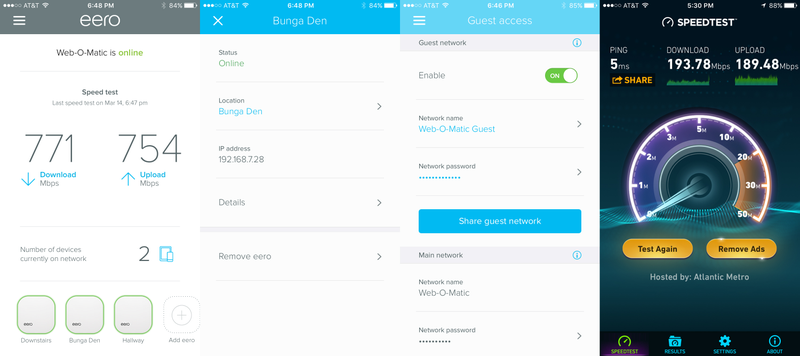 The Eero app is wonderfully simple. From left to right that’s the home screen, the details of a specific node, and the guest access screen. As you can tell from the numbers, Eero’s speed test results don’t quite match Ookla’s, but they’re both fast.